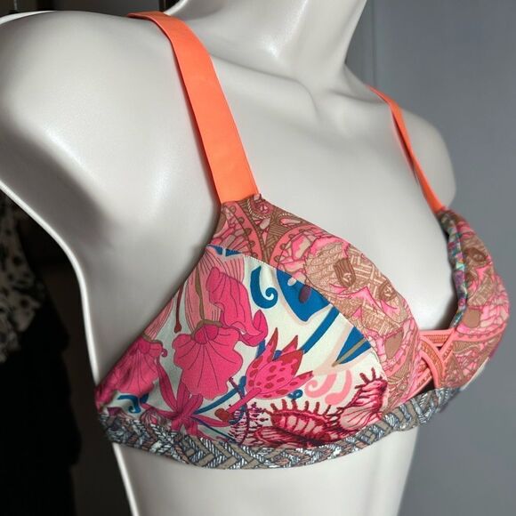Maaji Neon Coral Pink Pineapple Sea Horse Print Reversible Bikini Top - Picture 2 of 9